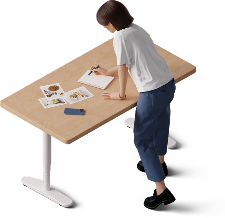 isometric view of young woman leaning on table and writing