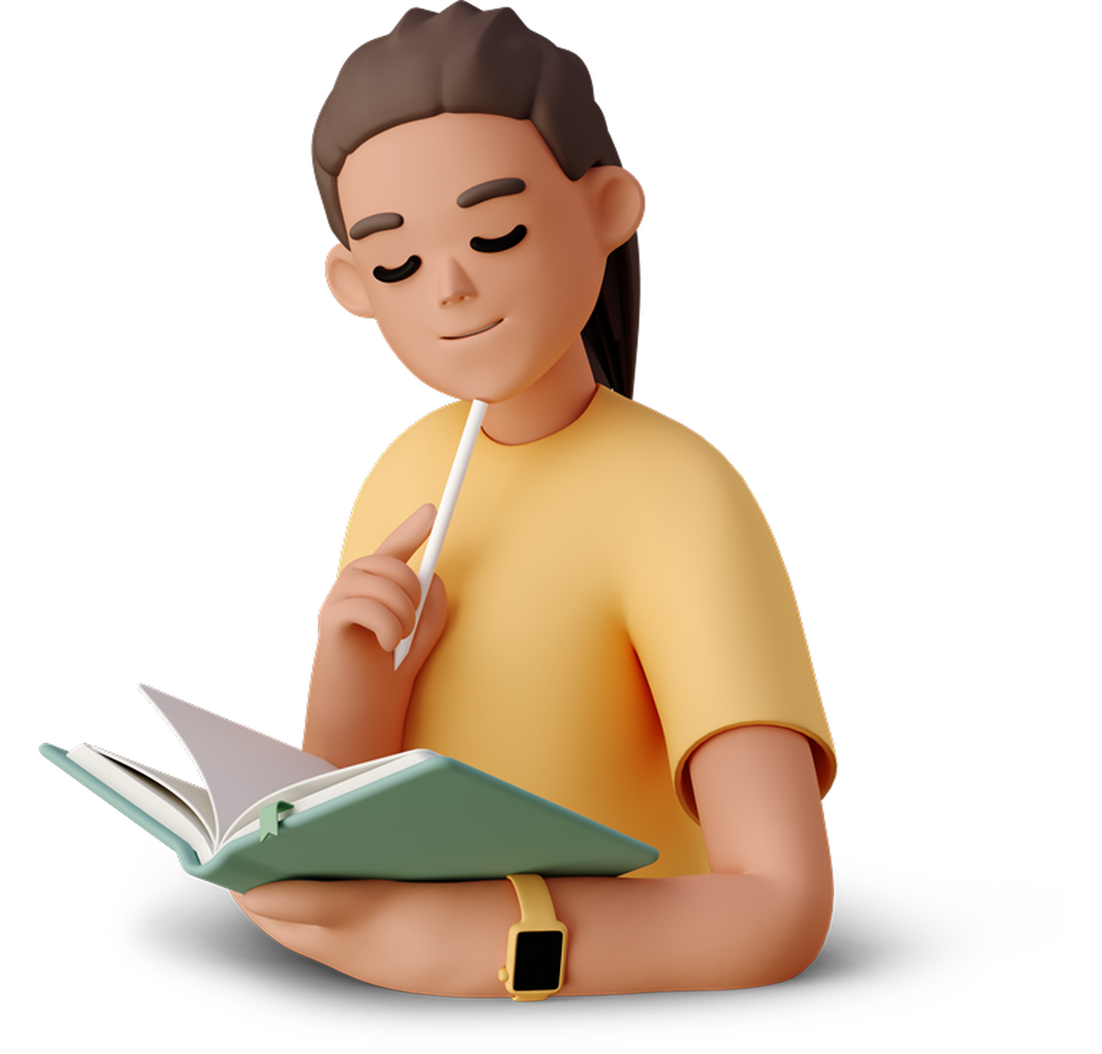 young woman reading book and holding pen